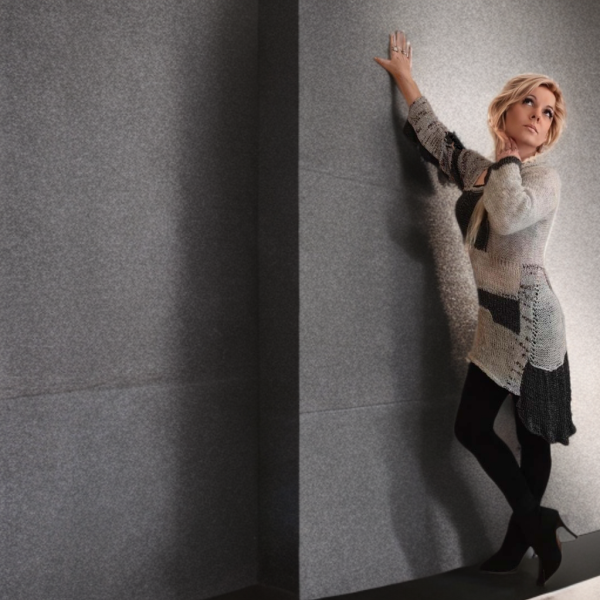 Silver Hues Symphony playful and elegant mid-season sweater with asymmetrical panels and silver sparkle