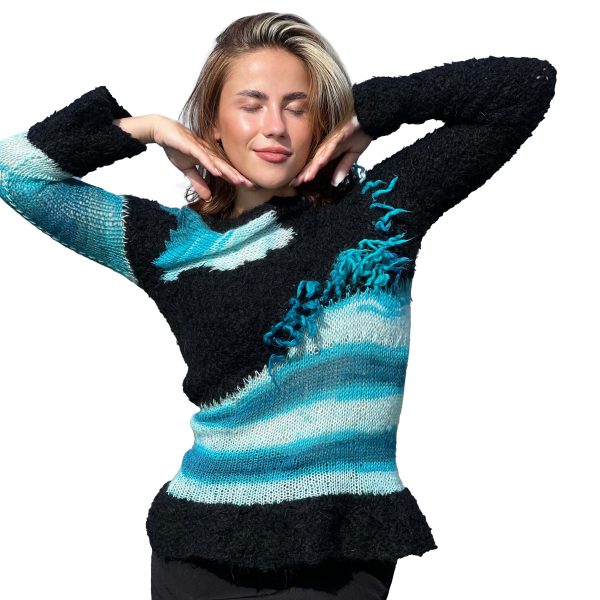 Soft Horizons cozy mid-season sweater with blue white gradient