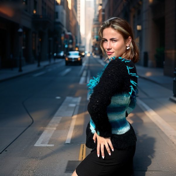 Soft Horizons with blue white gradient, black boucle accents, playful fringe