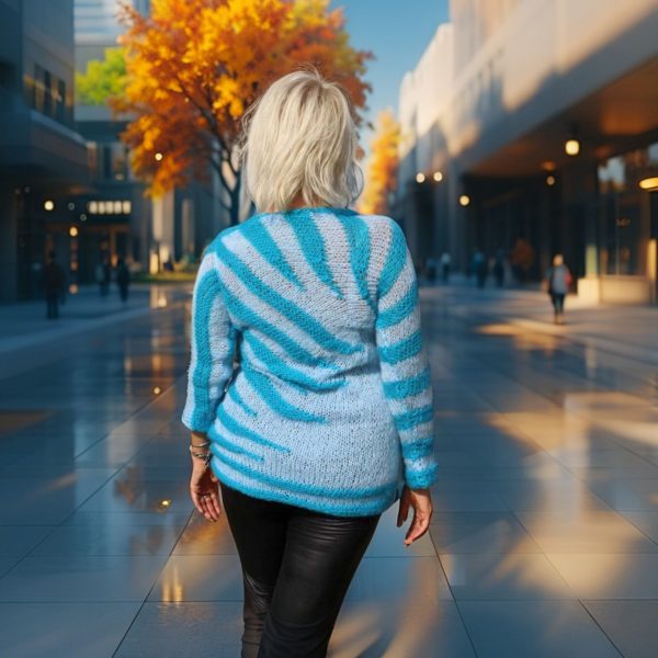 Spiral Zebra unique handmade piece, elongated silhouette, light pastel stripes, playful and versatile.