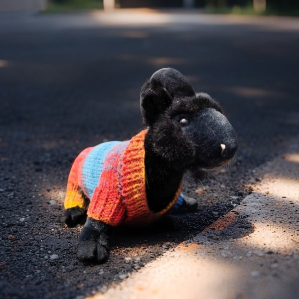Striped Snuggle Suite colorful jumpsuit for pets with orange, red, and blue tones, designed for active and curious dogs