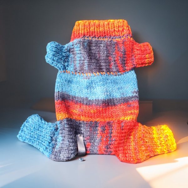Striped Snuggle Suite multicolor dog outfit with bright artistic stripes, perfect for fashion-forward pets and photo shoots