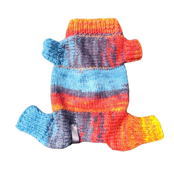 Striped Snuggle Suite designer pet jumpsuit combining bold gradient colors and cozy fabric for small and medium dogs