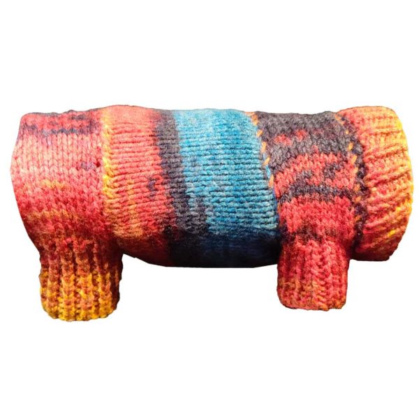 Striped Snuggle Suite colorful dog jumpsuit with vibrant orange, red, light blue, and dark blue stripes for stylish pets