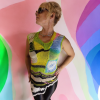 Sunburst Charm elongated top with playful squares and stripes, lightweight, breathable, unique piece