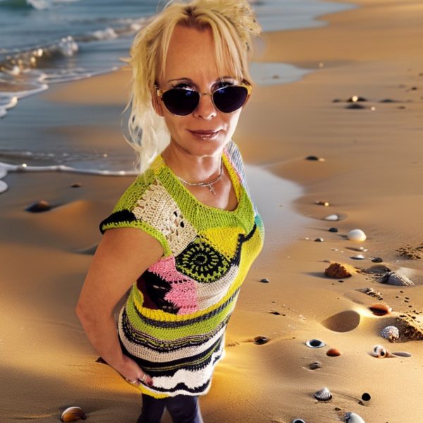 Sunburst Charm handmade top, vibrant geometric design, airy and cheerful, summer-ready