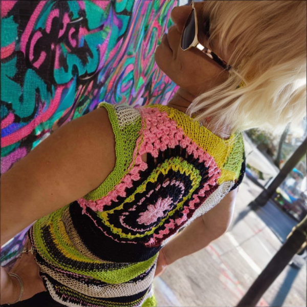 Sunburst Charm top in multicolor geometric pattern, summer breeze, light and airy, crafted by hand