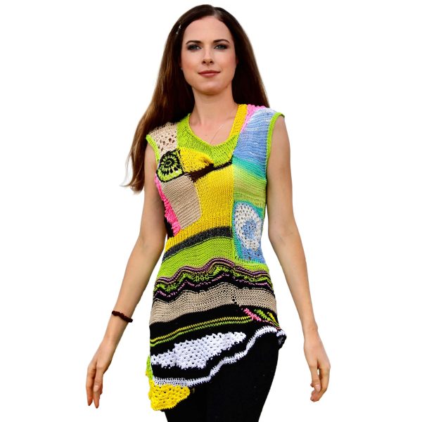 Sunburst Charm vibrant patchwork top, joyful, light, breathable, handmade, playful summer spirit