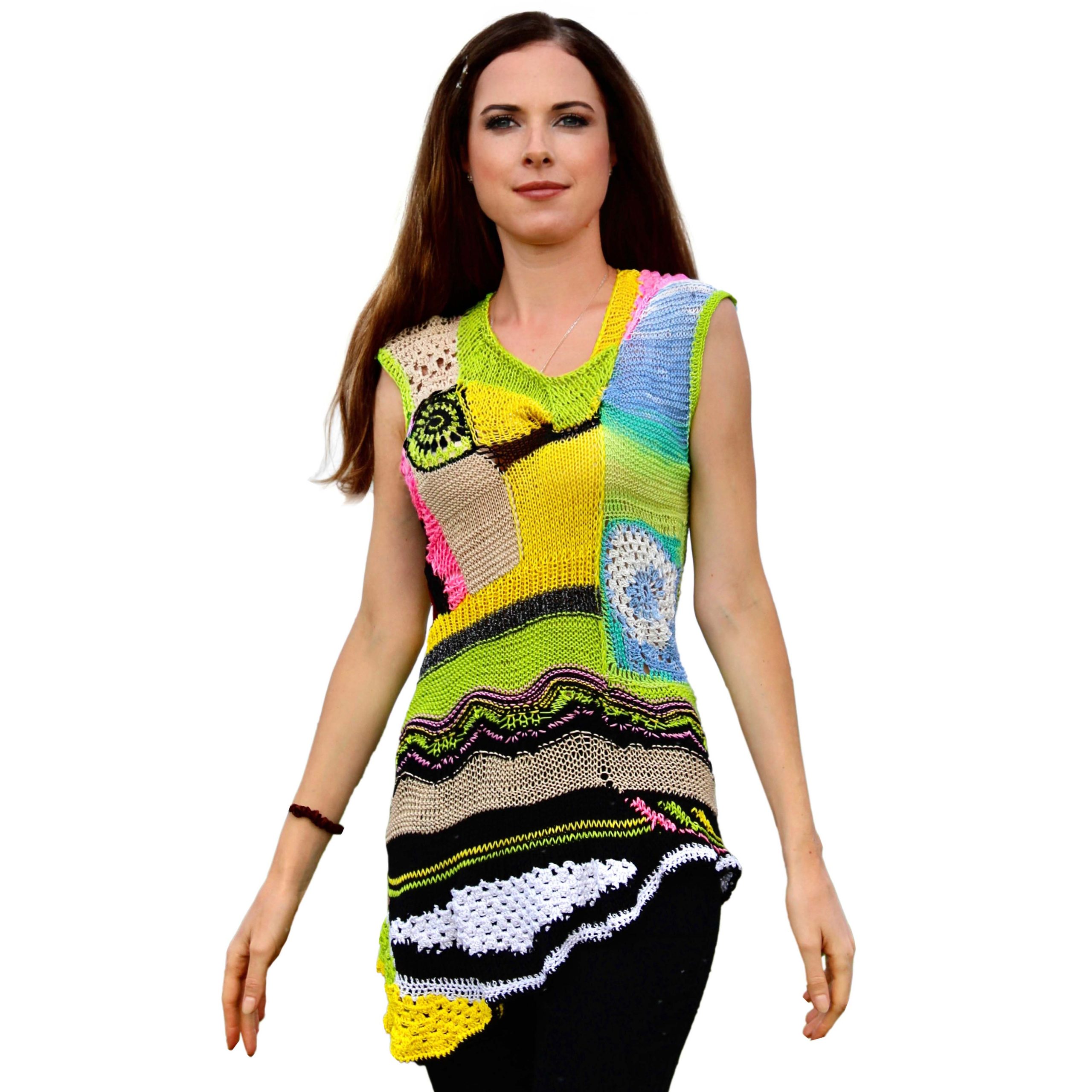 Sunburst Charm vibrant patchwork top, joyful, light, breathable, handmade, playful summer spirit