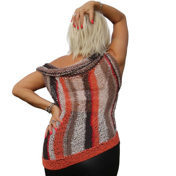 Sunset Layers breathable acrylic fitted elongated top in muted orange, brown, white, and red