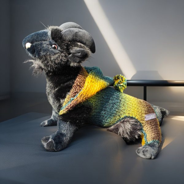 Tiny Tails Tranquility stylish pet outfit with artistic hues and pompom hood for indoor play and outdoor walks