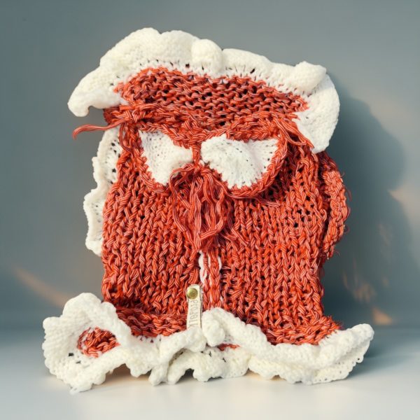 Tiny Tornado knitted sweater, red with white frills, playful bow, snug fit for active little pets