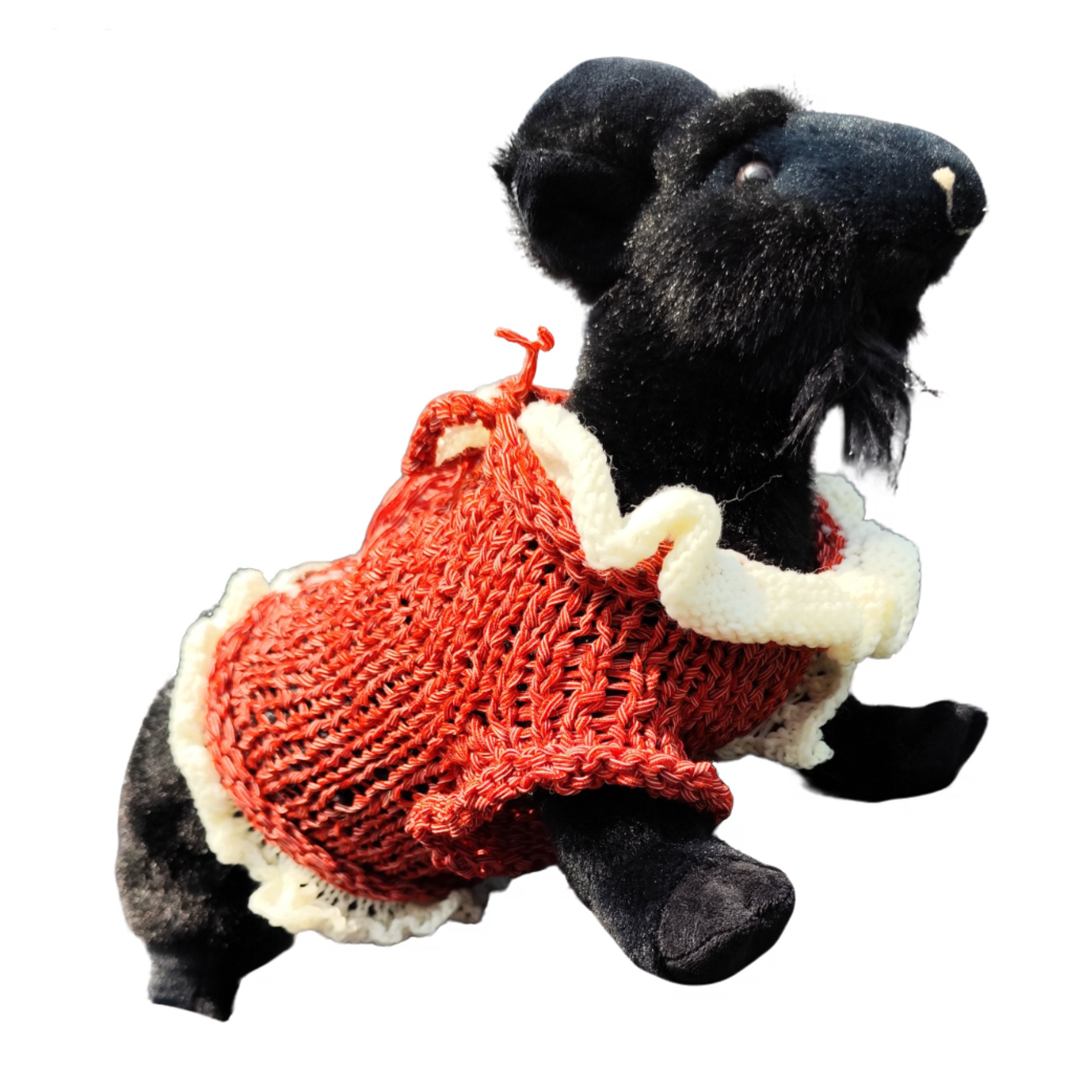Tiny Tornado pet sweater, snug and soft acrylic, red with white ruffles, bow accent, playful design