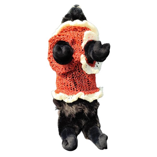 Tiny Tornado pet sweater, red with white accents, playful bow and ruffles, comfortable for active pets
