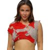 Fire red knit top with reversible design on model